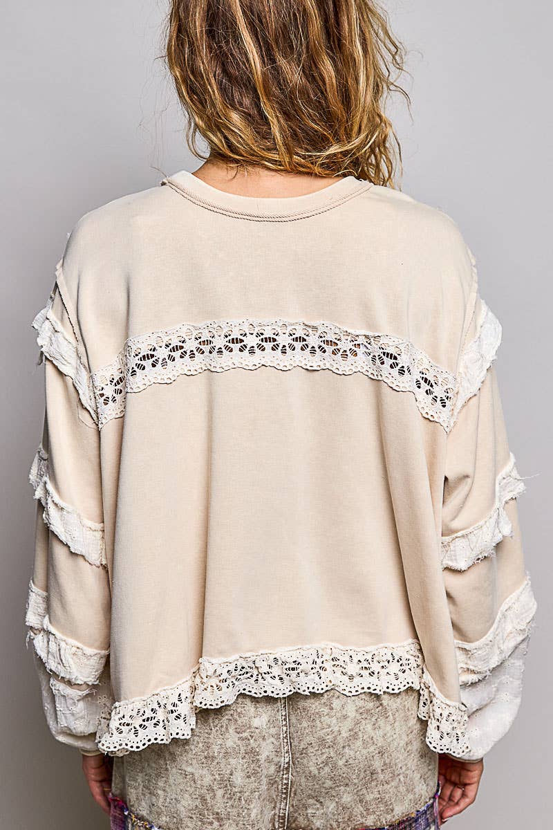 French Terry Eyelet Ruffle Vintage Washing Solid Knit Top