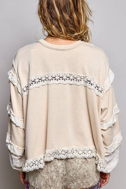 French Terry Eyelet Ruffle Vintage Washing Solid Knit Top