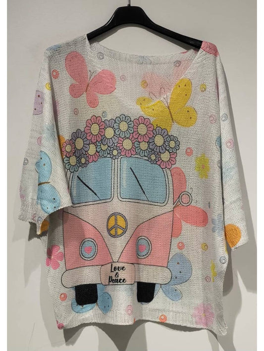 Pink Van Knit Printed Sweater 3/4 Sleeves o/s