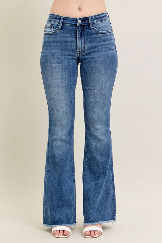 JUDY BLUE Mid Rise Vintage Wash Flare w/ Distressed and Fray Hem