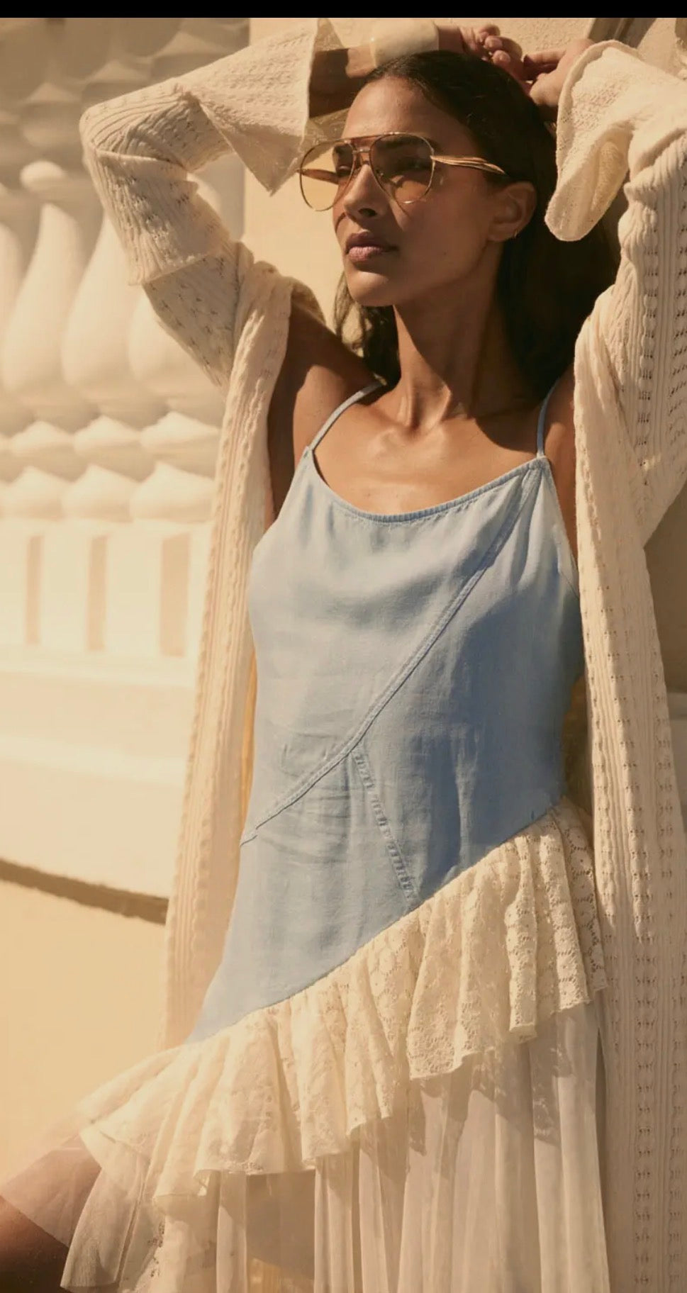 DENIM  AND LACE ASSYMETRICAL RUFFLE MINI DRESS