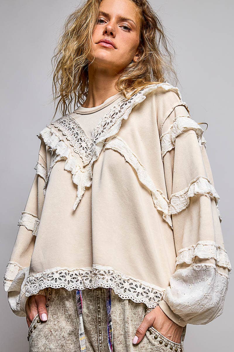 French Terry Eyelet Ruffle Vintage Washing Solid Knit Top