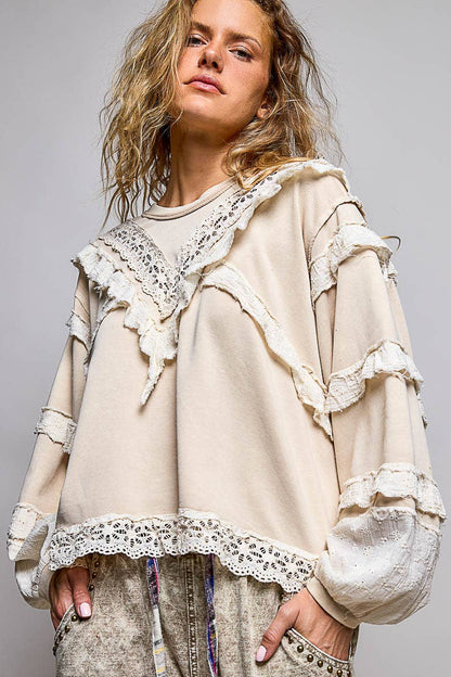 French Terry Eyelet Ruffle Vintage Washing Solid Knit Top