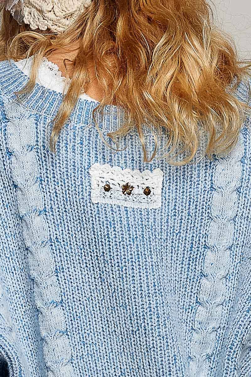 Vintage Lace Patch Stud Balloon Sleeve Sweater Top In Light blue