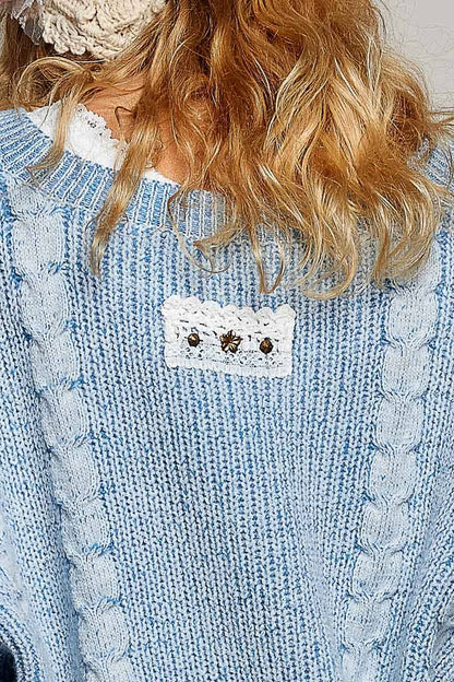 Vintage Lace Patch Stud Balloon Sleeve Sweater Top In Light blue