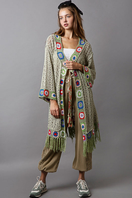 Open front long sleeve hand made pannel cardigan IN SAGE