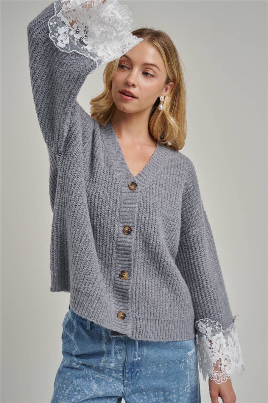 LOOSE FIT SOFT V NECK SWEATER CARDIGAN WITH LACE