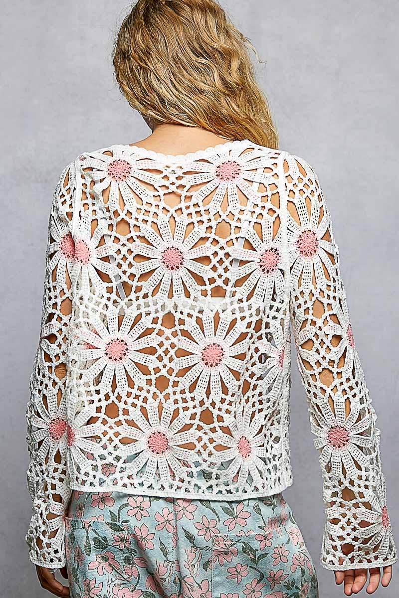 Floral Weave Round Neck Long Sleeve Crochet Top