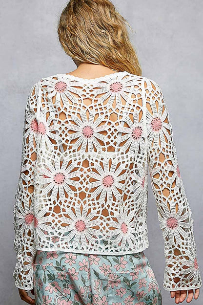 Floral Weave Round Neck Long Sleeve Crochet Top