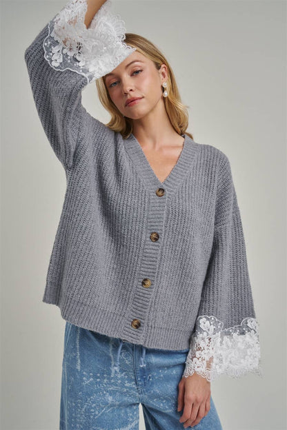 LOOSE FIT SOFT V NECK SWEATER CARDIGAN WITH LACE