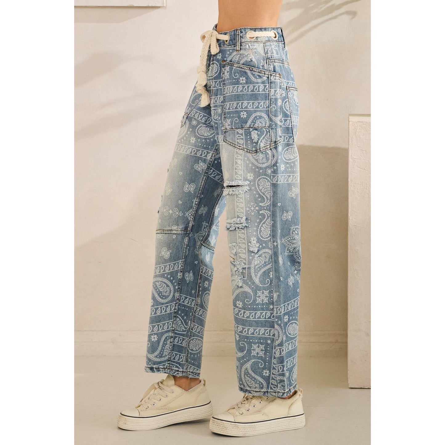 WASHED PAISLEY PATCH PRINT DENIM