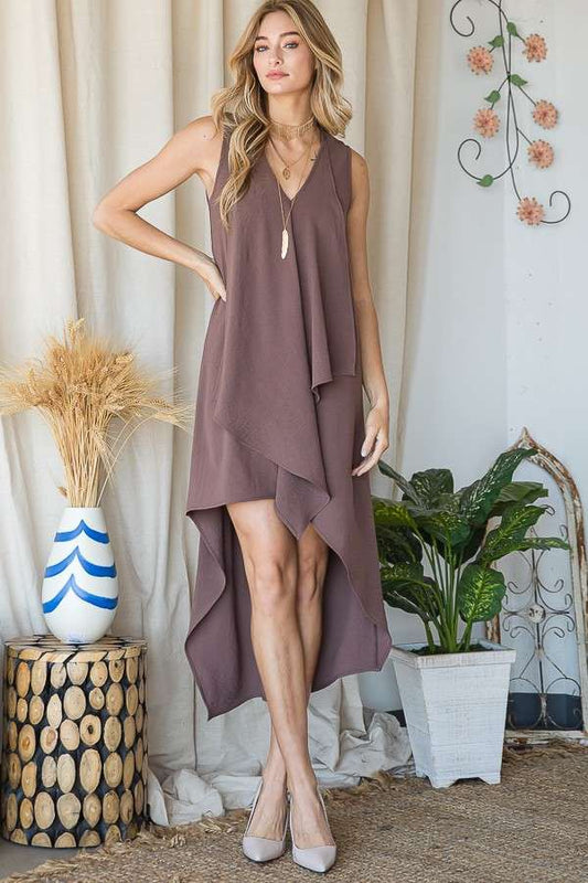 DRAPED FRONT HI-LOW DRESS IN MOCHA