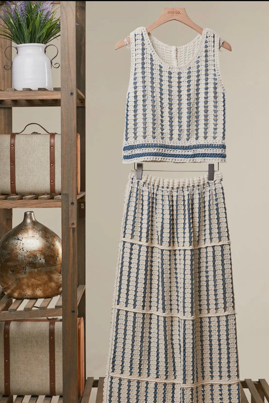 BOHO IVORY/BLUE SKIRT AND TOP CROCHET SET