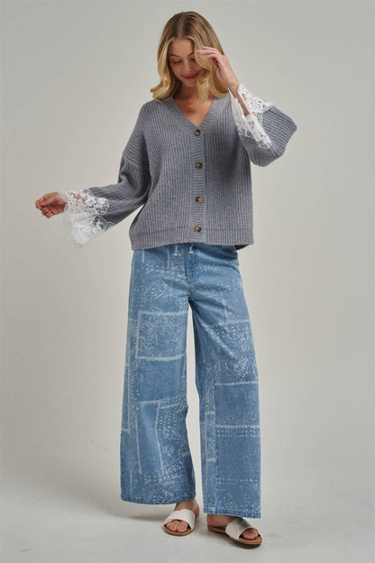 LOOSE FIT SOFT V NECK SWEATER CARDIGAN WITH LACE