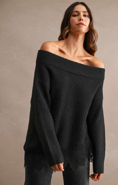 Black off shoulder sweater with lace