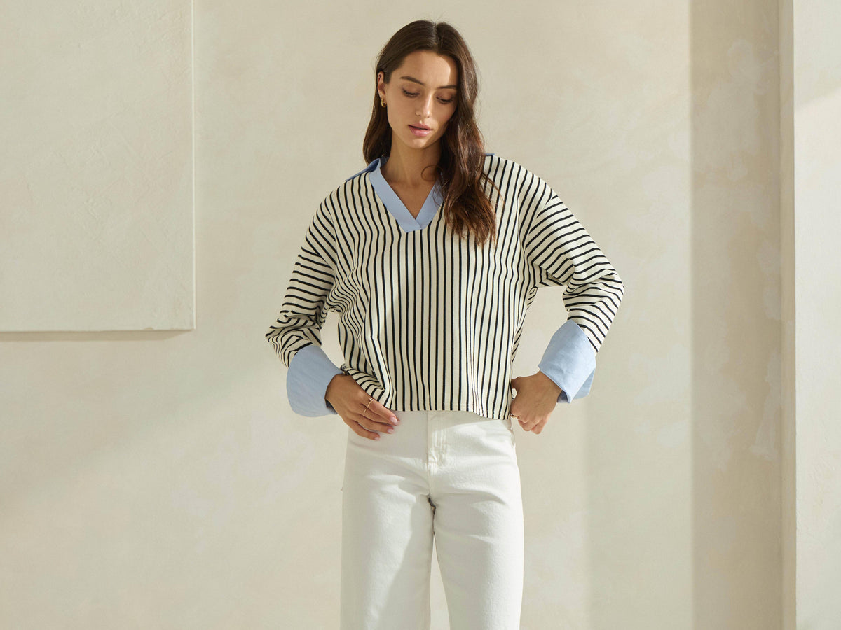 Striped Top with Contrast Neck & Cuffs