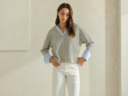 Striped Top with Contrast Neck & Cuffs