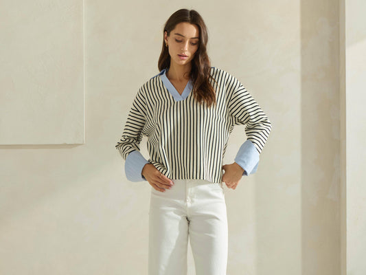 Striped Top with Contrast Neck & Cuffs