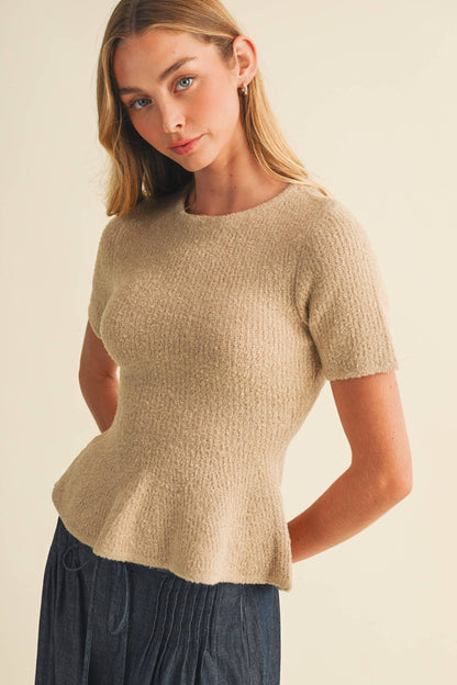 Textural Bouclé Knit Peplum Pullover