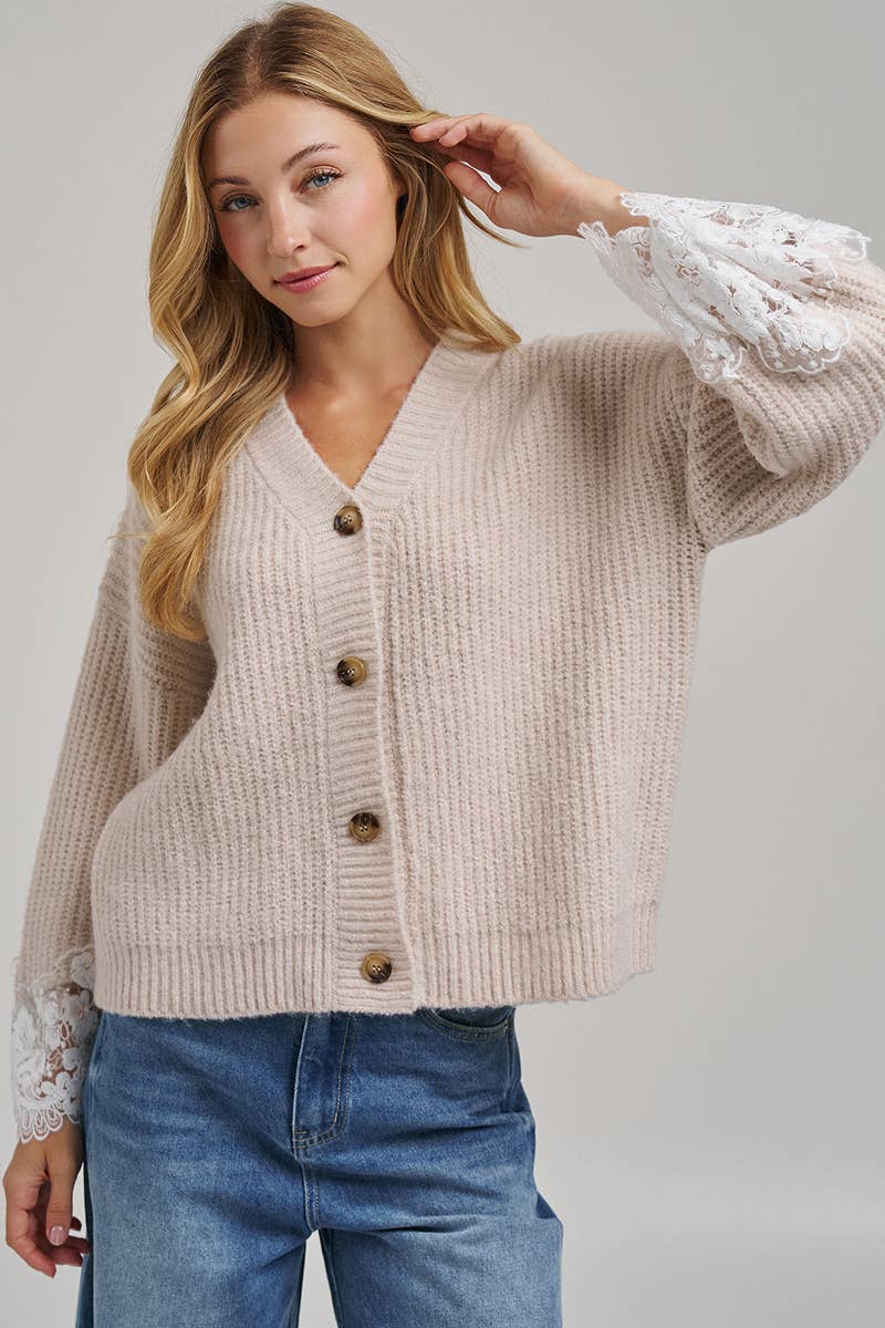 LOOSE FIT SOFT V NECK SWEATER CARDIGAN WITH LACE