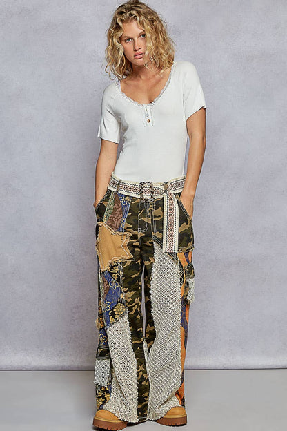 CAMO Printed Patchwork Detail Woven Twill Pants