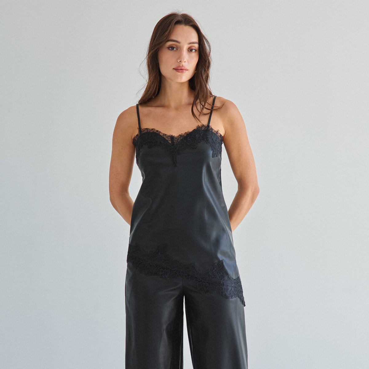 Black Lace trim vegan leather cami top & pants set
