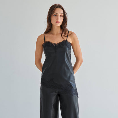 Black Lace trim vegan leather cami top & pants set