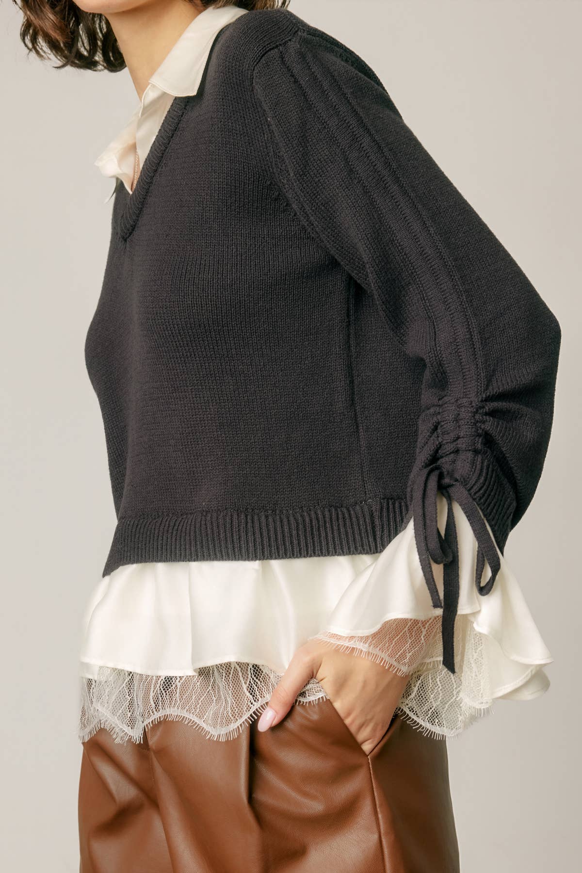 Satin & Lace Shirt Insert Ruffle Sleeve Sweater in navy pearl