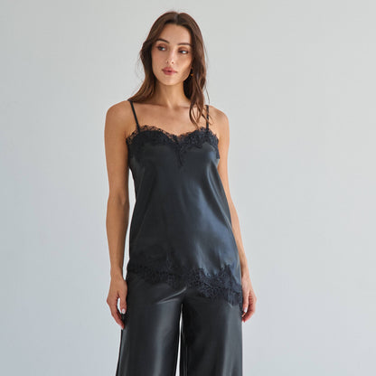 Black Lace trim vegan leather cami top & pants set