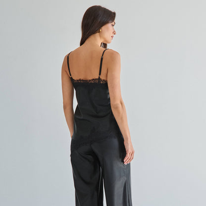 Black Lace trim vegan leather cami top & pants set