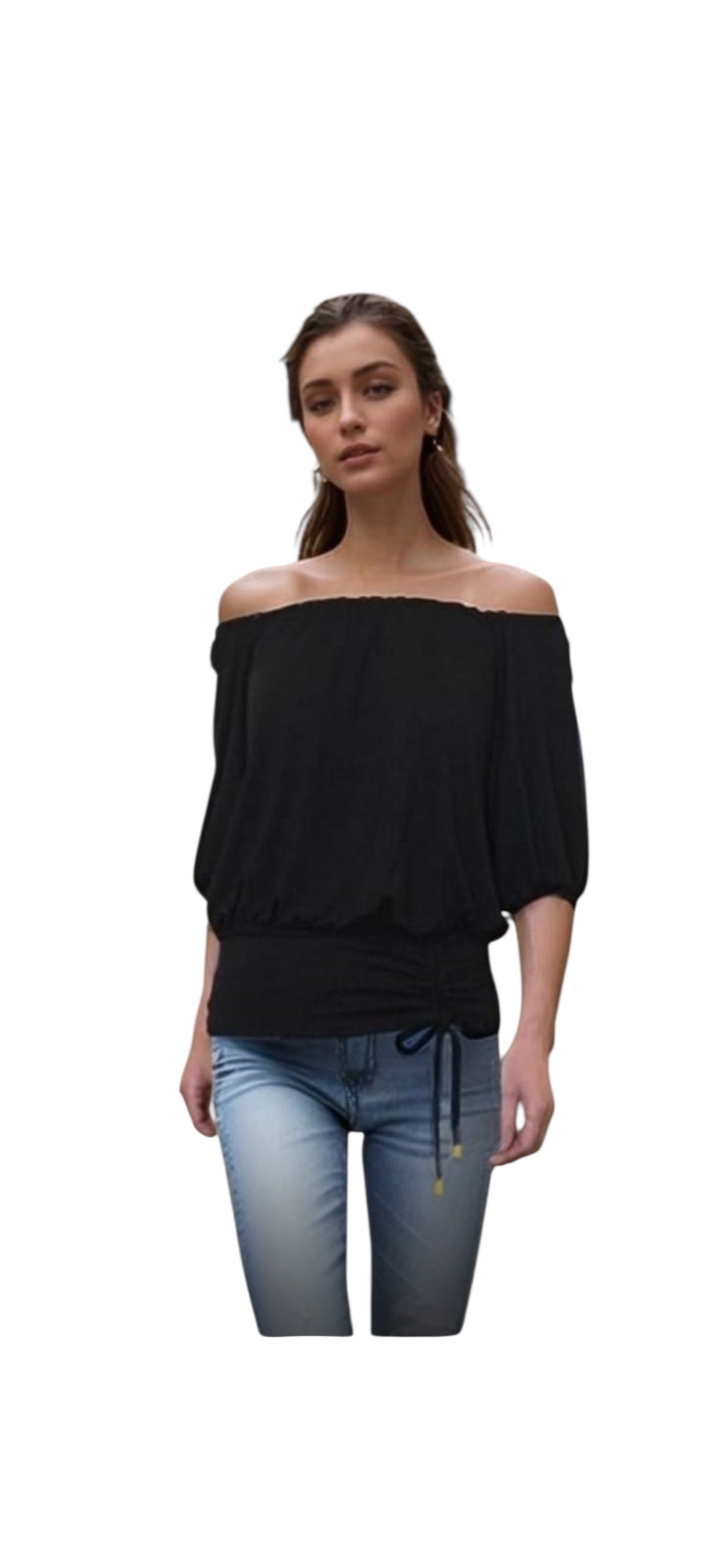 VAVA JENNY HALF SLEEVE DRAWSTRING TOP IN BLACK