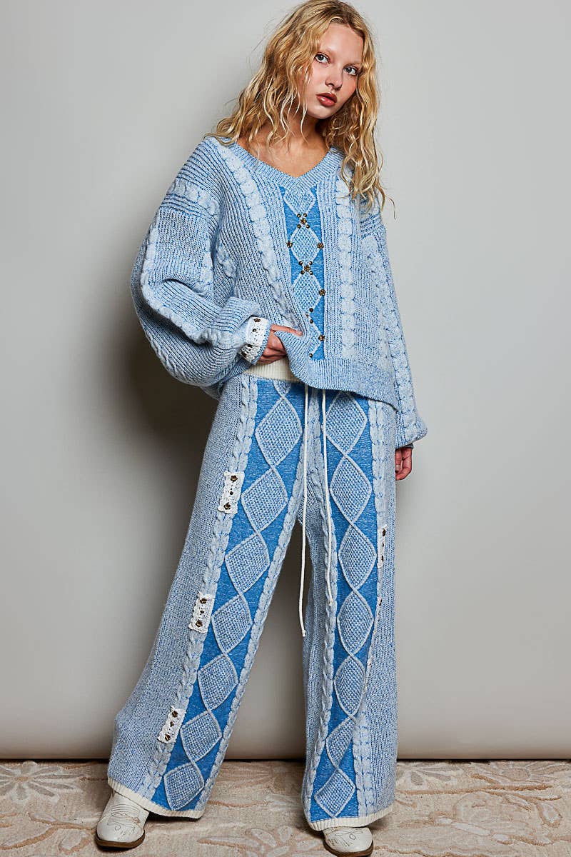 Vintage Lace Patch Stud Balloon Sleeve Sweater Top In Light blue