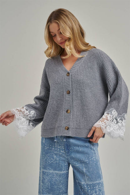 LOOSE FIT SOFT V NECK SWEATER CARDIGAN WITH LACE