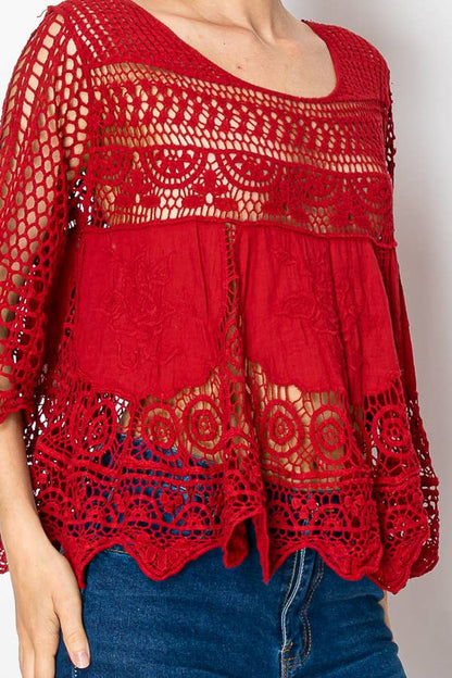 Relaxed Short Crochet Lace Top-4819 RED