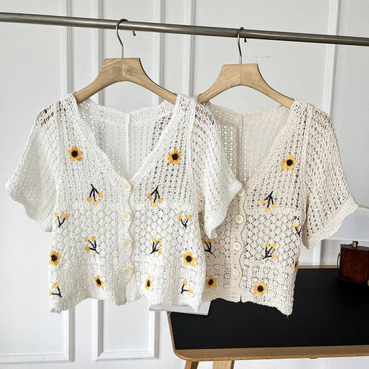 Vintage Floral Hollow Embroidered Thin Knit Cardigan O/S BEIGE