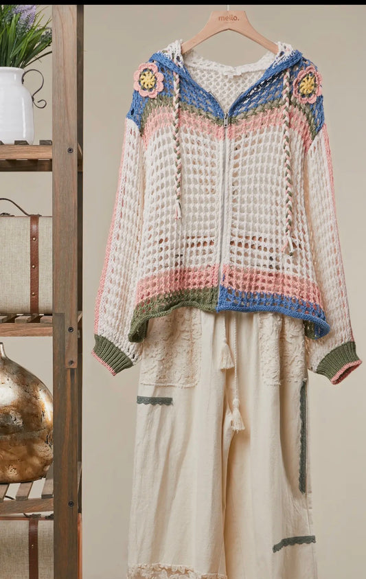 BLOOM ZIP HOOD CROCHET CARDIGAN