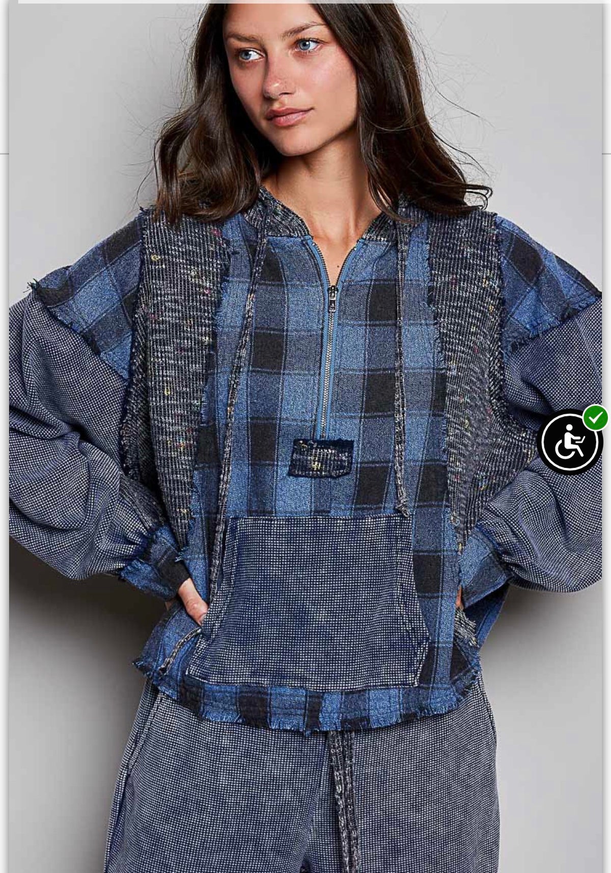 Indigo plaid hoodie top with thermal