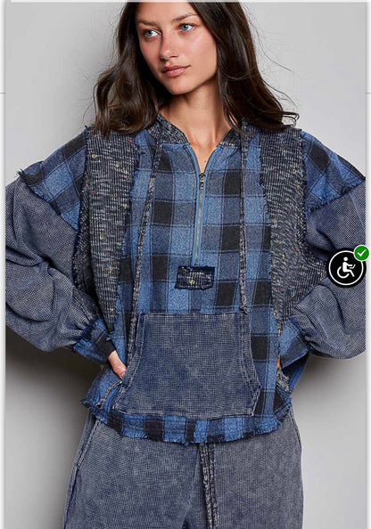 Indigo plaid hoodie top with thermal
