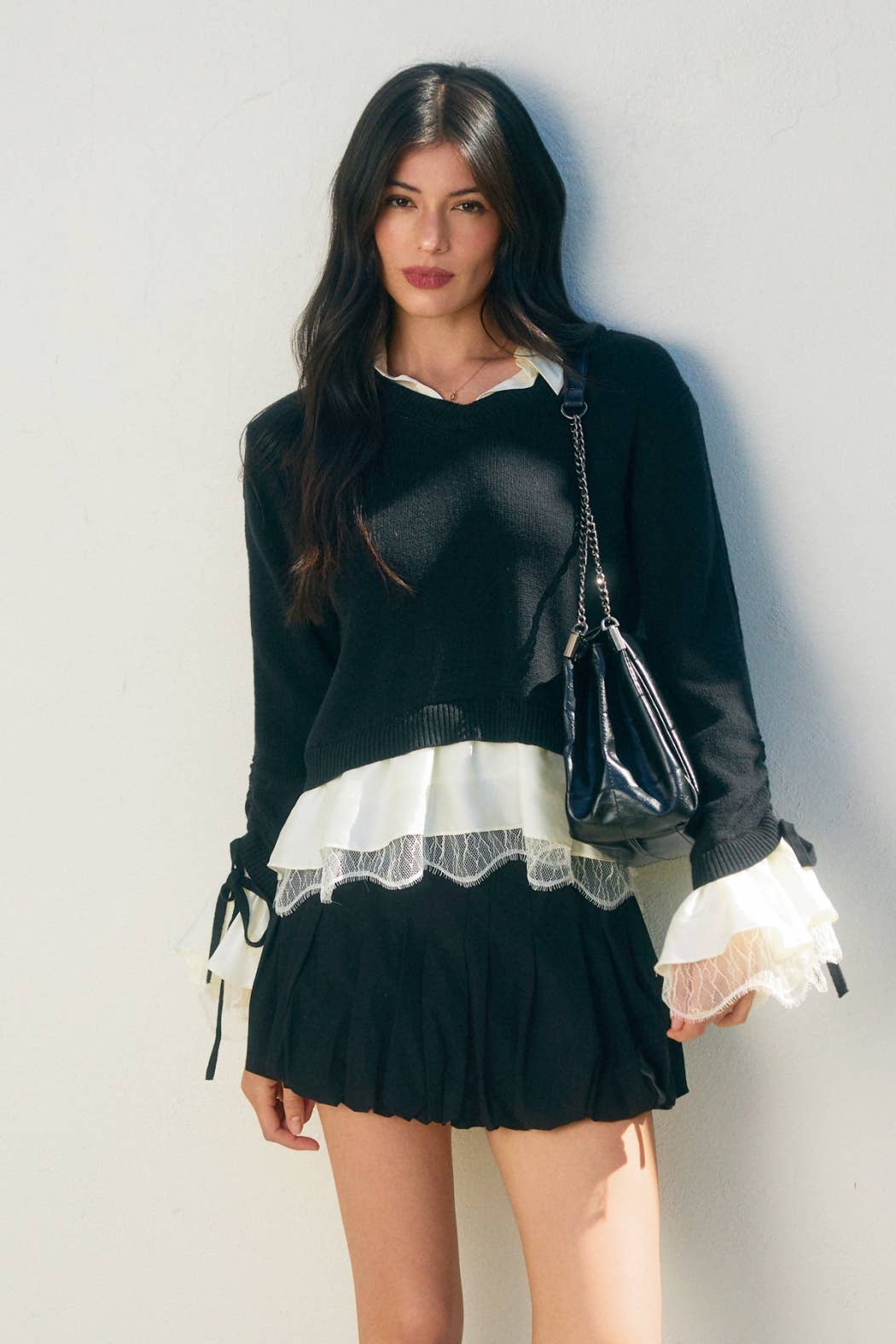 Satin & Lace Shirt Insert Ruffle Sleeve Sweater in navy pearl