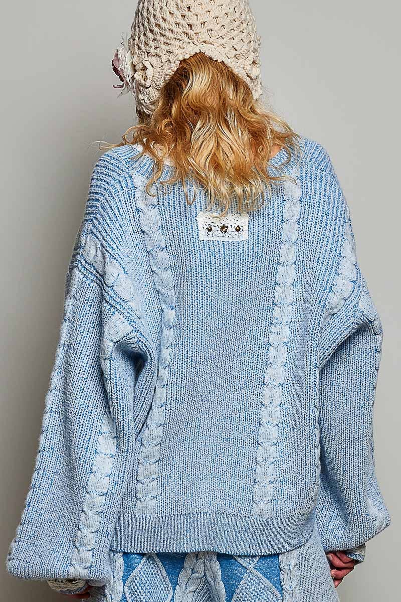Vintage Lace Patch Stud Balloon Sleeve Sweater Top In Light blue