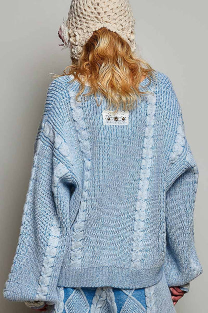 Vintage Lace Patch Stud Balloon Sleeve Sweater Top In Light blue