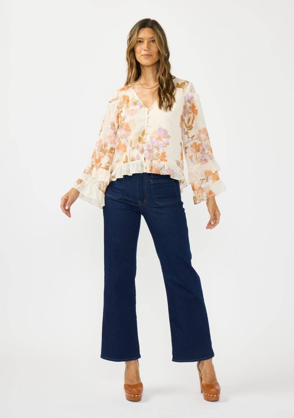 V-Neck Button Front High-Low Hem Ruffle Blouse