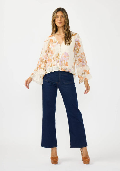 V-Neck Button Front High-Low Hem Ruffle Blouse