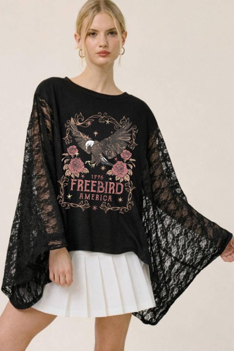 Free Bird America 1776 Graphic Lace Wing Oversized Top