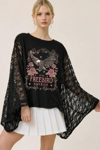Free Bird America 1776 Graphic Lace Wing Oversized Top