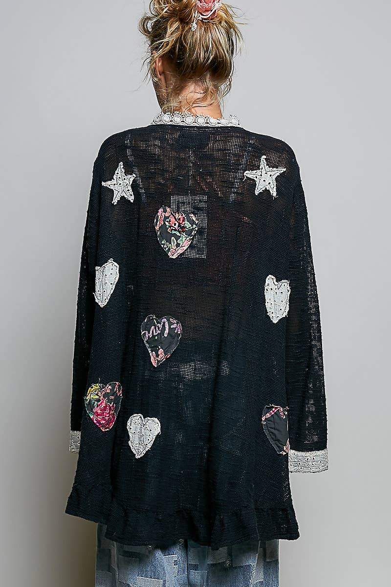 Floral Heart and Star Appliqué Crochet Lace Trim Cardigan