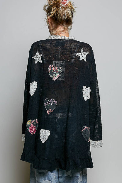 Floral Heart and Star Appliqué Crochet Lace Trim Cardigan