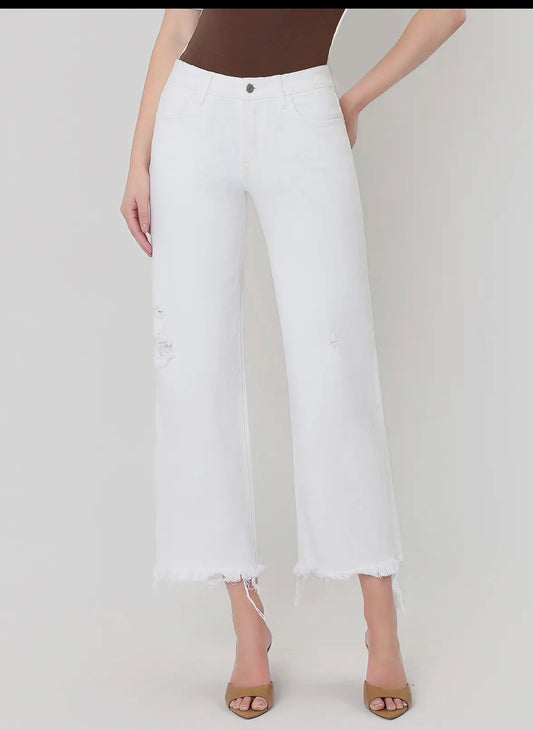 VERVET OPTIC WHITE HIGH RISE UNEVEN HEM  CROP WIDE JEAN
