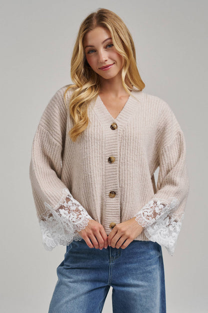 LOOSE FIT SOFT V NECK SWEATER CARDIGAN WITH LACE