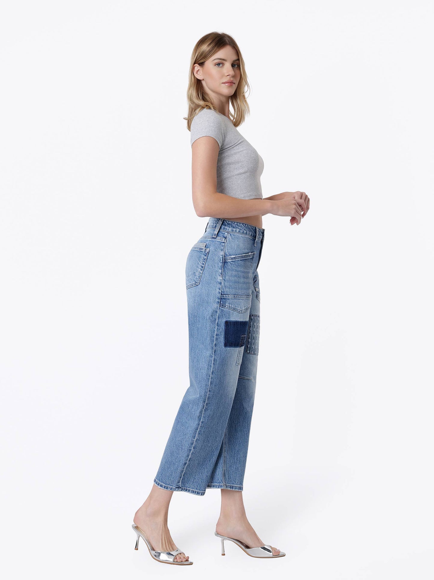 VERVET HIGH RISE PATCHWORK DETAIL BARREL JEANS